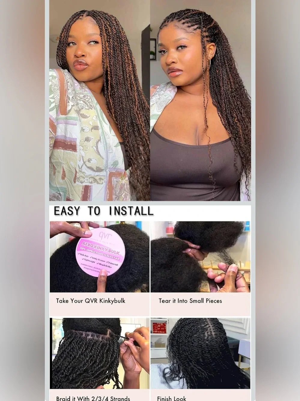 QVR Afro Kinkys Bulk Human Hair for Dreadlock Extensions Repair Locs 50 Gram/
